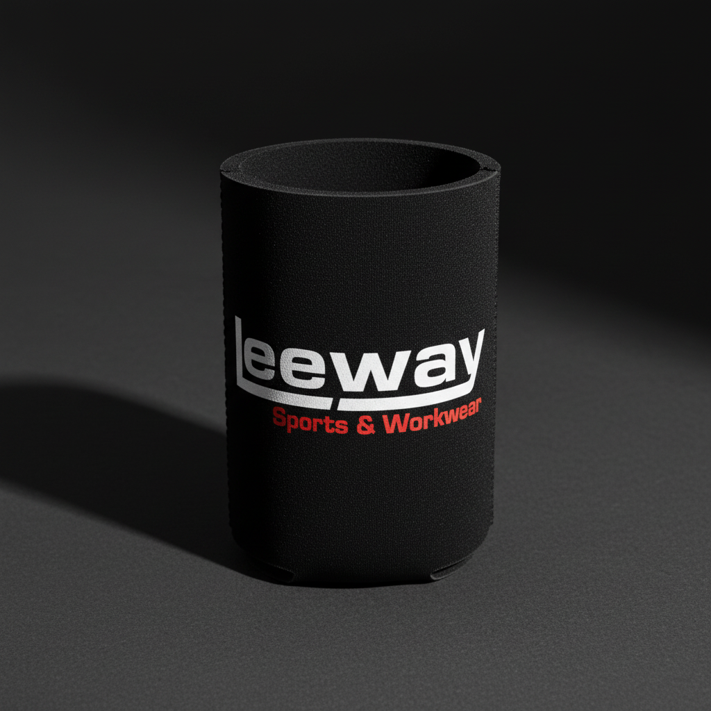 Black neoprene stubby cooler with Leeway Sports & Workwear logo in white and red
