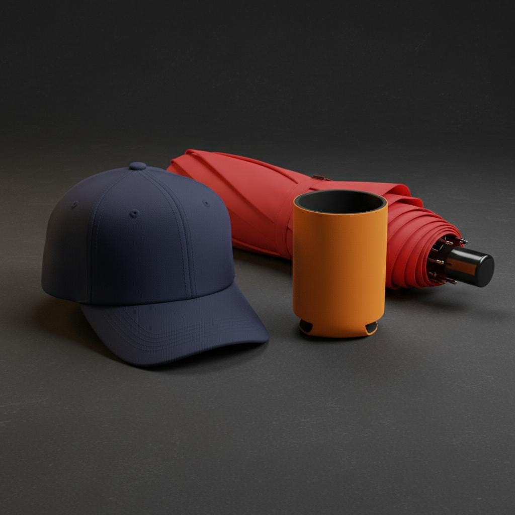 Branded promotional products including cap, stubby cooler and umbrella